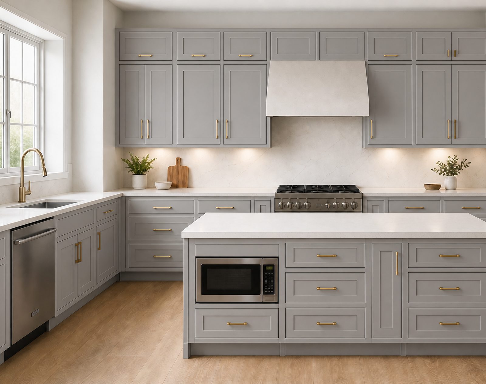 Aiken line kitchen in Pebble Gray shaker cabinets