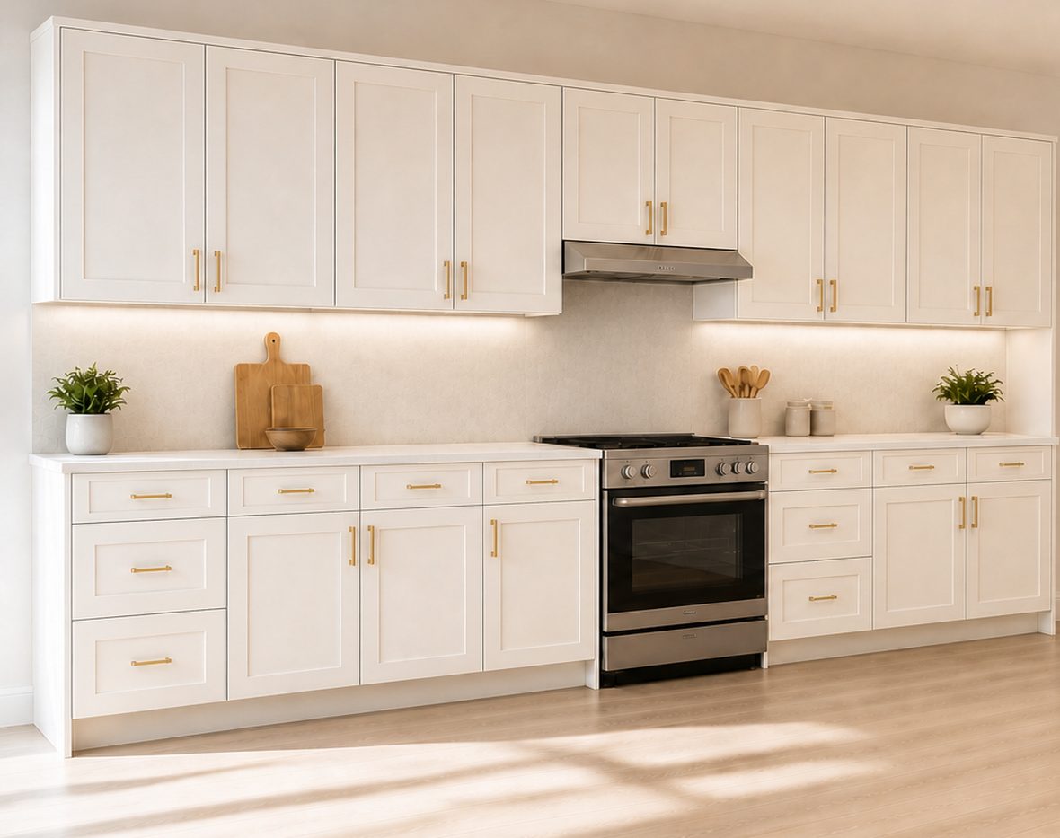 Aiken line kitchen in Pigeon White shaker cabinets
