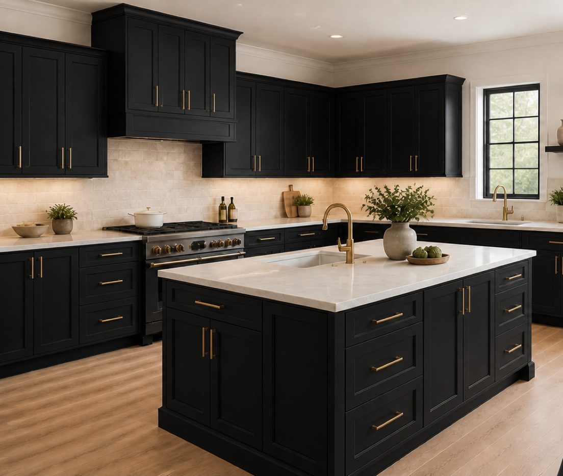 Augusta line kitchen in Onyx Black shaker cabinets with brass hardware