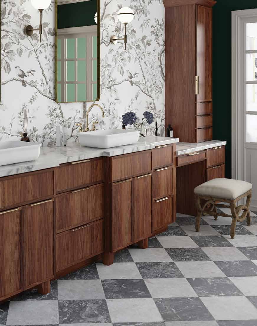 Walnut bathroom vanity cabinets with marble countertop and tower storage