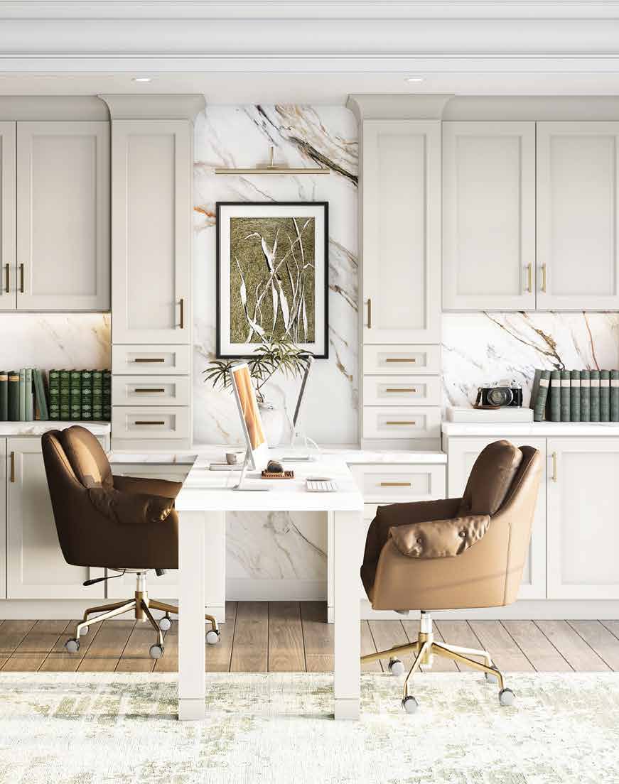 Floor-to-ceiling built-in office cabinetry in warm white with glass uppers